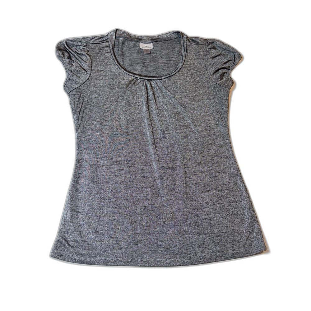 Worthington Women's M Gray Metallic Solid Scoop Neck Short Sleeve Stretch Top